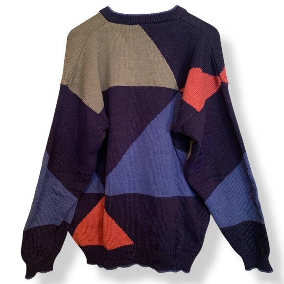 Izod VTG V-Neck Sweater Multicolor Geometric Color block Sz L Heavy Oversized - Picture 4 of 6